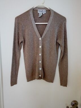 Joseph A. Silvery, Golden,  Metallic Tan Ribbed V-Neck Button Cardigan